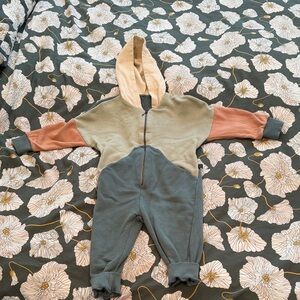 Kids Colorblock Hooded Play Overalls in Green, Beige & Rose